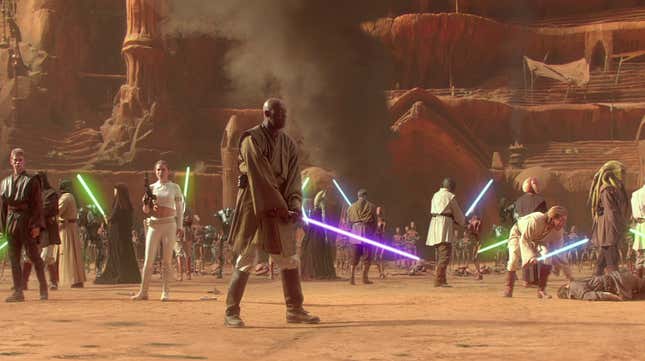 Mace Windu holds his purple lightsaber at the center of the Battle of Geonosis.
