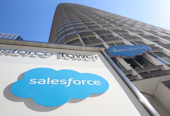  A sign is posted at Salesforce headquarters in San Francisco, California.