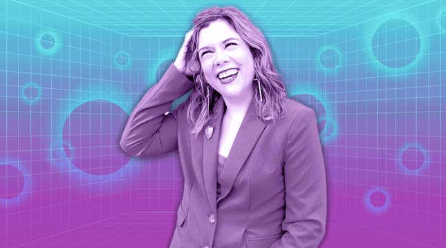 Dr. Rachel Kowert smiles in front of a vaporwave background.