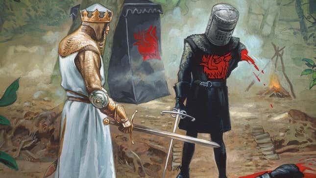 King Arthur cuts off the arm of a black-clad knight