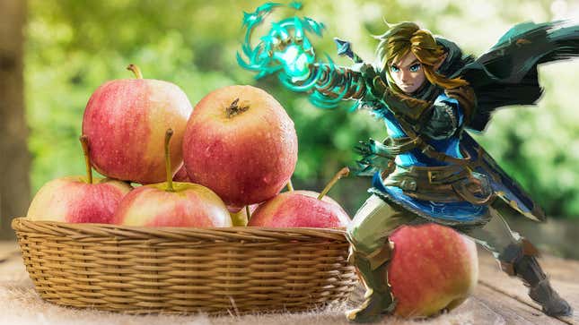 Link stands next to a basket of apples.