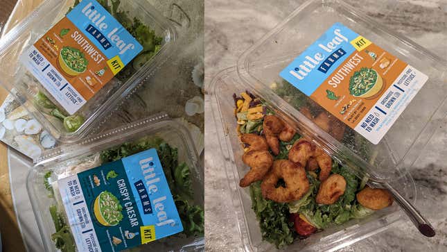 two ready-to-eat salad kits from the grocery store