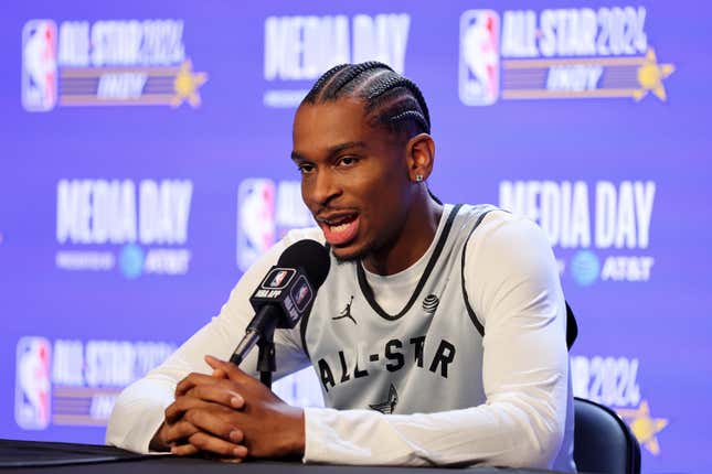 INDIANAPOLIS, INDIANA - FEBRUARY 17: Shai Gilgeous-Alexander #2 of the Oklahoma City Thunder speaks with the media at Gainbridge Fieldhouse on February 17, 2024 in Indianapolis, Indiana. NOTE TO USER: User expressly acknowledges and agrees that, by downloading and or using this photograph, User is consenting to the terms and conditions of the Getty Images License Agreement. (Photo by Stacy Revere/Getty Images)