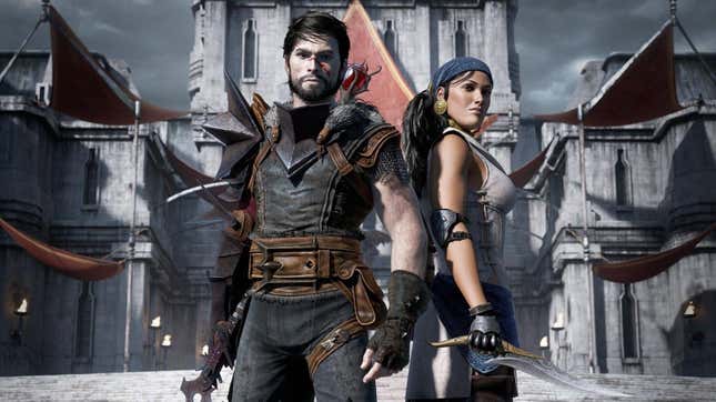 Hawke and Isabela stand in Kirkwall.