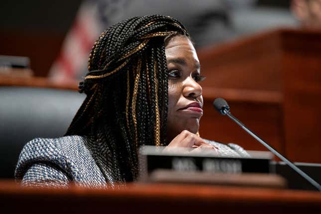 WASHINGTON, DC - OCTOBER 21: Rep. Cori Bush (D-MO) questions U.S. Attorney General Merrick Garland at a House Judiciary Committee hearing at the U.S. Capitol on October 21, 2021, in Washington, DC.