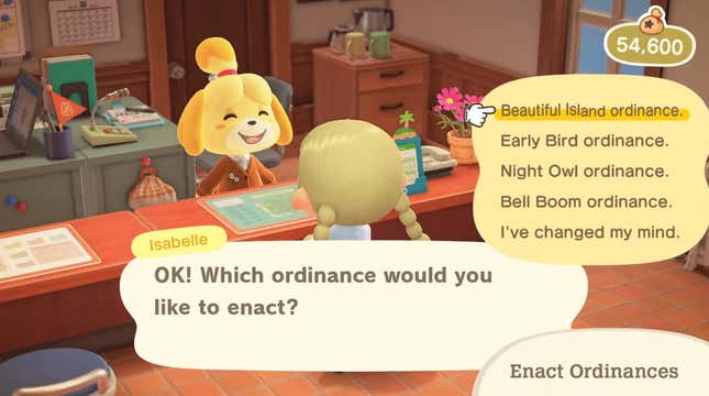 Isabelle explains new Island ordinances to an Animal Crossing villager. 