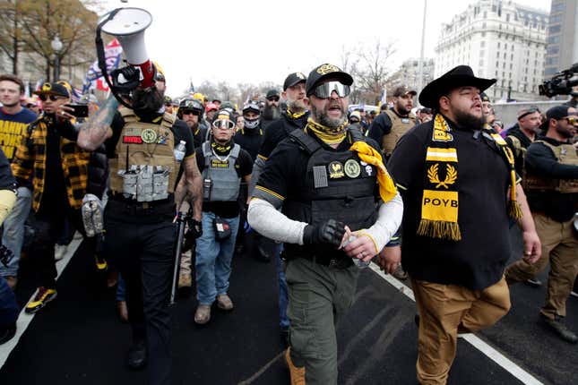 Two Black Lives Matter banners were pulled down from Metropolitan AME and another historically Black church and burned during clashes between pro-Donald Trump supporters and counterdemonstrators in December 2020.Supporters of President Donald Trump who are wearing attire associated with the Proud Boys attend a rally at Freedom Plaza, Dec. 12, 2020, in Washington.