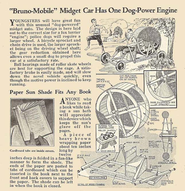 Excerpt from the June 1934 issue of Modern Mechanix magazine featuring a “dog-powered engine”