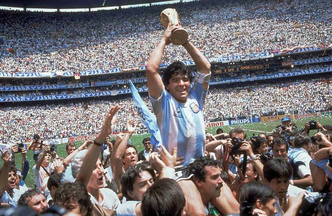 FILE - Argentina&#39;s Diego Maradona, celebrates at the end of the World Cup soccer final game against West Germany at the Atzeca Stadium, in Mexico City, June 29, 1986. The heirs of the late soccer star Diego Maradona have won a legal battle over the use of his trademark. Maradona had registered his name as a trademark with the European Union Intellectual Property Office in 2008 for a variety of products, clothing, footwear and headgear. The general court of the European Union confirmed Tuesday that it declined to transfer the trademark to Sattvica, an Argentine company belonging to Maradona’s former lawyer. Maradona died in November 2020. (AP Photo/Carlo Fumagalli, File)