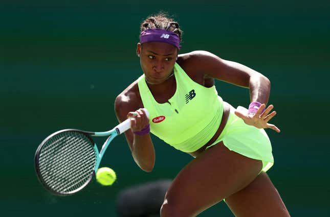 INDIAN WELLS, CALIFORNIA - MARCH 09: Coco Gauff of the United States plays a forehand against Clara Burel of France in their second round match during the BNP Paribas Open at Indian Wells Tennis Garden on March 09, 2024 in Indian Wells, California.