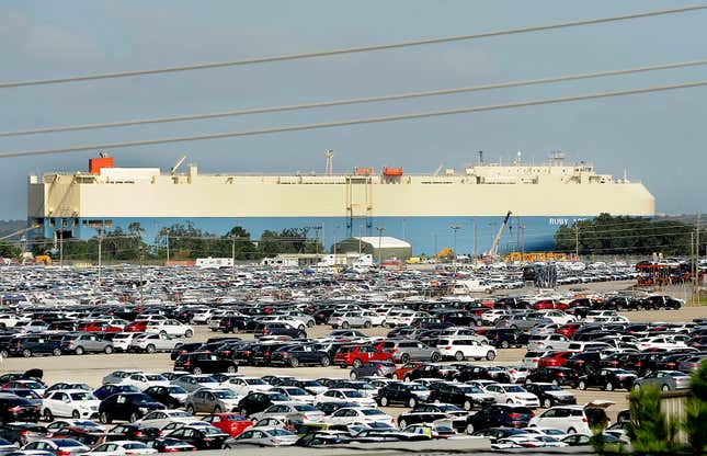 FILE - In this Oct. 20, 2015 file photo, new automobiles being shipped through the Port of Brunswick sit in a vast parking lot at the Colonel&#39;s Island terminal in Brunswick, Ga. The Georgia Ports Authority says it handled a record number of automobiles on its docks last year. The state agency reported Tuesday, Jan. 30, 2024 that more than 775,000 autos and heavy machinery units moved through the Port of Brunswick in the 2023 calendar year. (Bobby Haven/The Brunswick News via AP, file)