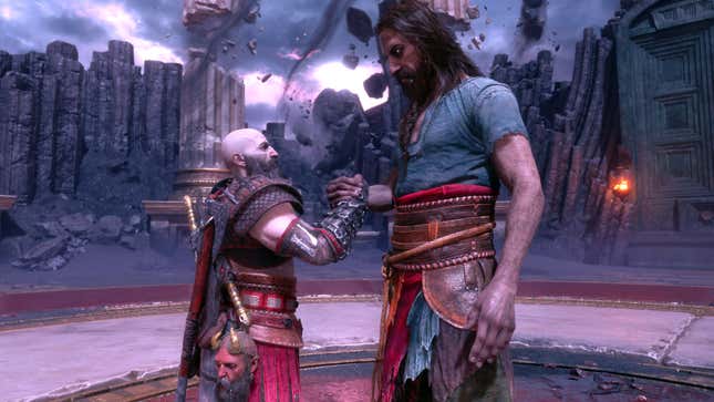 Kratos and Tyr shake hands in Valhalla.
