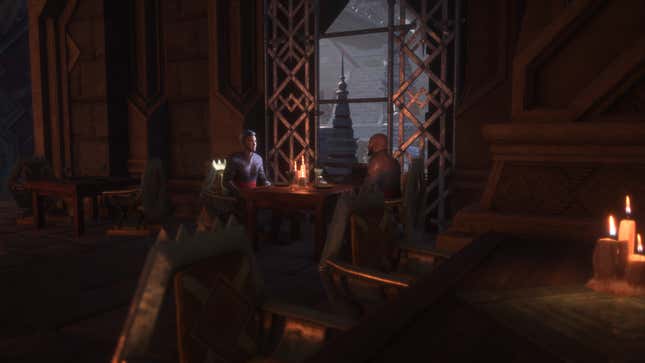 The Inquisitor and Rook sit at a table in a restaurant.