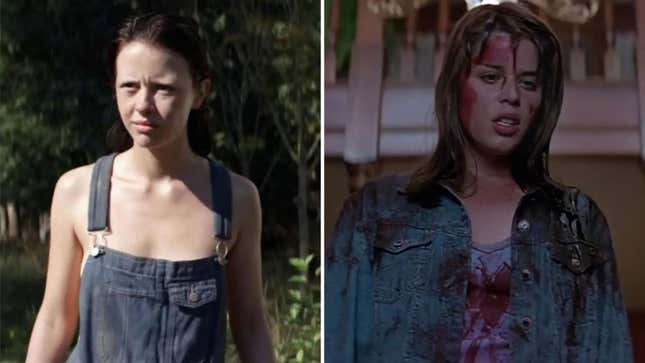 Mia Goth als Maxine Minx in X von 2022 und Neve Campbell als Sidney Prescott in Scream von 1996.