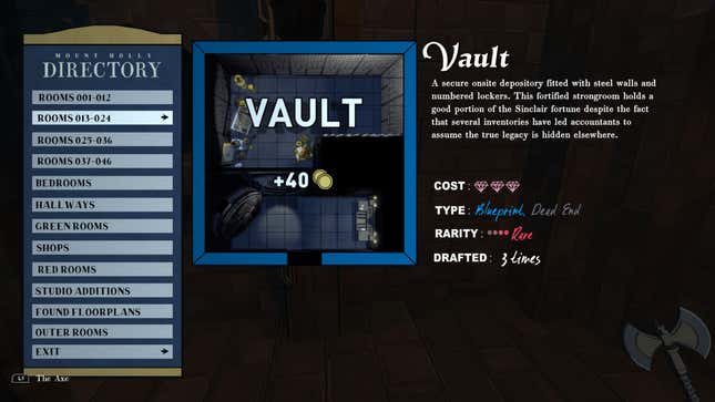 A screenshot from the Directory menu in Blue Prince. The Vault is selected.