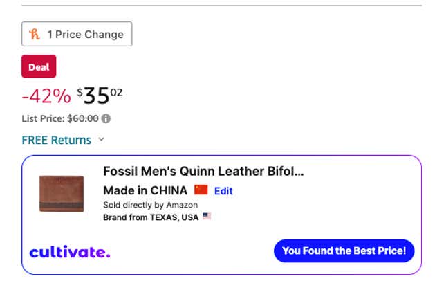 Screenshot of the Cultivate extension on Amazon, showing that a Fossil wallet was made in China.