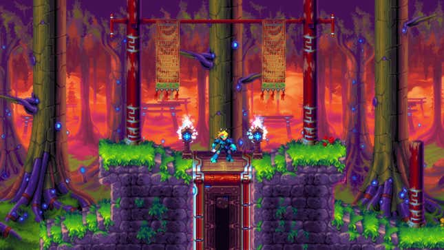A character stands before a colorful, pixel-art forest.