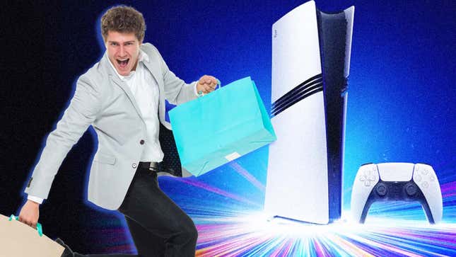 An image shows someone excitedly buying a PS5 Pro. 