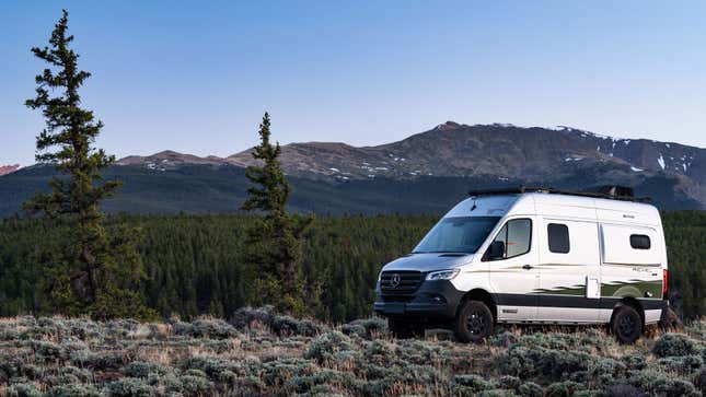 A photo of a Winnebago RV in the countryside. 