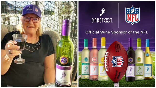 Left: Donna Kelce drinking Barefoot Wine. Right: Promotional image declaring Barefoot the official wine sponsor of the NFL