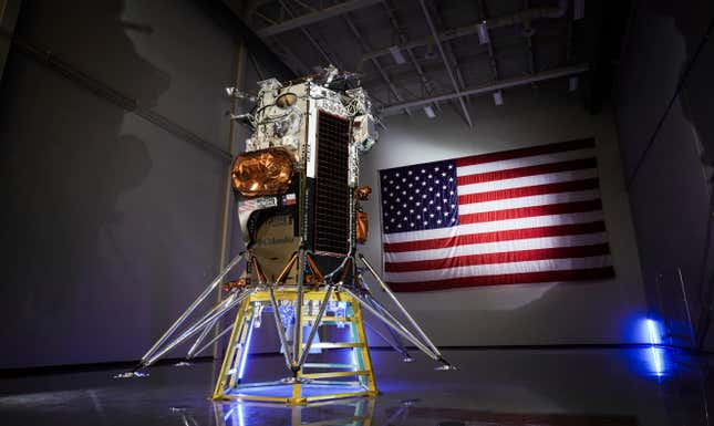 FILE - This photo provided by Intuitive Machines shows the company&#39;s IM-1 Nova-C lunar lander in Houston in October 2023. The private U.S. lunar lander reached the moon and eased into a low orbit Wednesday, Feb. 21, 2024, a day before it will attempt an even greater feat _ landing on the gray, dusty surface. (Intuitive Machines via AP, File)