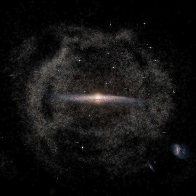 The Milky Way's halo of stars as seen by Gaia (left), and how it would look if a merger happened in the ancient past.