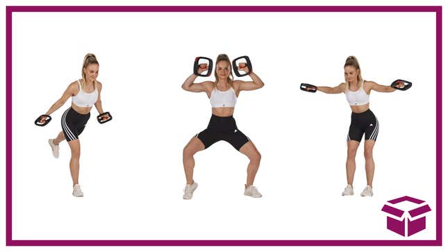 A woman performing three different lifts with Les Mills' ergonomic handle plates near The Inventory logo