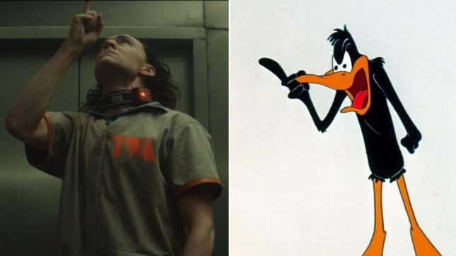 Left: Tom Hiddleston in Loki (Screenshot: Disney+), Right: Daffy Duck in “Duck Amuck” (Screenshot: YouTube)