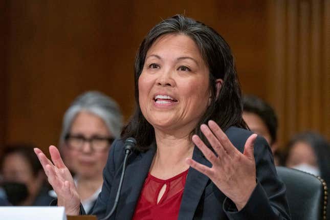 FILE - Julie Su speaks during a Senate Health, Education, Labor and Pensions confirmation hearing for her to be the Labor Secretary, on Capitol Hill, April 20, 2023, in Washington. The White House says that President Joe Biden has renominated Su to serve as labor secretary, whose confirmation languished in the Senate for more than 10 months. (AP Photo/Alex Brandon, File)