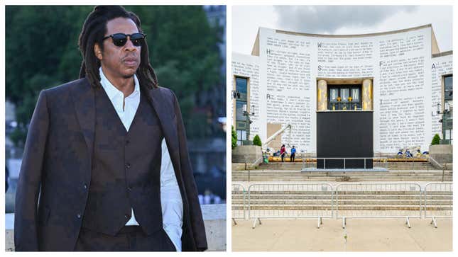 Jay-Z, left; The Central Library Building of the Brooklyn Public Library in Grand Army Plaza as it’s being covered with lyrics by artist Jay-Z in celebration of 50 years of Hip-Hop on July 10, 2023 in New York City.