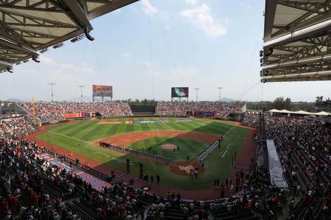 Apr 27, 2024; Mexico City, Mexico; A general overall view of at Estadio Alfredo Harp Helu during the playing of the Mexican national anthem before the MLB World Tour Mexico Series game between the Colorado Rockies and the Houston Astros.