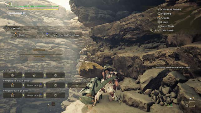 Inside the training area, a Hunter throws on a mantle while holding a Hammer.