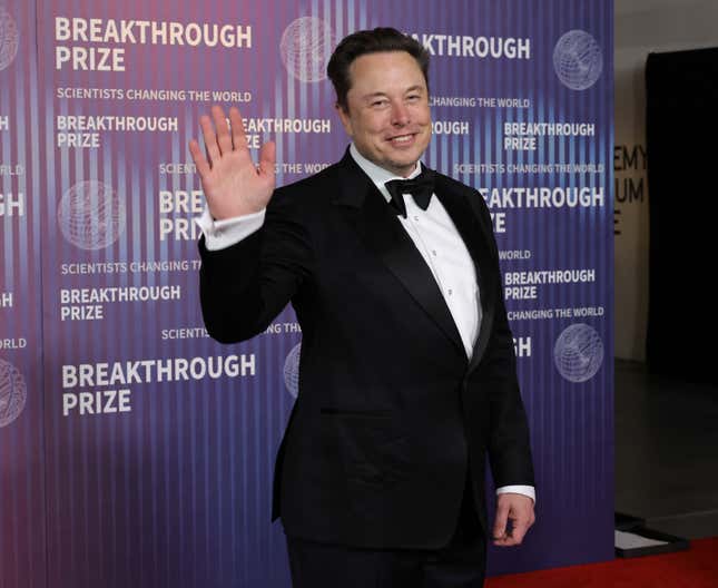  Elon Musk attends the 10th Annual Breakthrough Prize Ceremony at the Academy Museum of Motion Pictures on April 13, 2024, in Los Angeles, California.