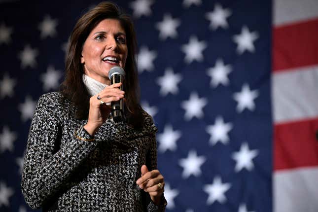  Republican presidential candidate former UN Ambassador Nikki Haley speaks at a campaign event in Conway, S.C., Jan. 28, 2024.