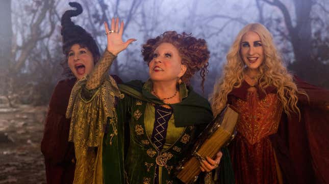 Kathy Najimy as Mary Sanderson, Bette Midler as Winifred Sanderson, and Sarah Jessica Parker as Sarah Sanderson in Disney's live-action HOCUS POCUS 2, exclusively on Disney+. Photo by Matt Kennedy. © 2022 Disney Enterprises, Inc. All Rights Reserved.