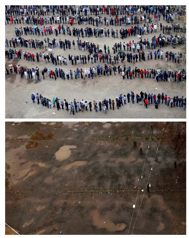 A combination of pictures shows people queuing outside a polling station to cast their vote during the presidential election in the city centre in Nairobi, Kenya, August 8, 2017 file photo (top) and the same scene (bottom) during the repeat presidential election on October 26, 2017 .