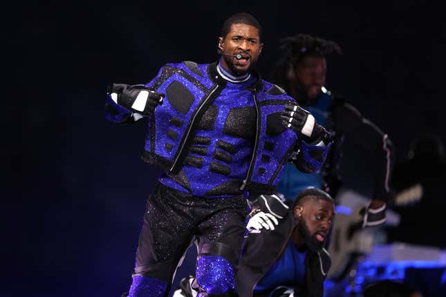 LAS VEGAS, NEVADA - FEBRUARY 11: Usher performs onstage during the Apple Music Super Bowl LVIII Halftime Show at Allegiant Stadium on February 11, 2024 in Las Vegas, Nevada. 