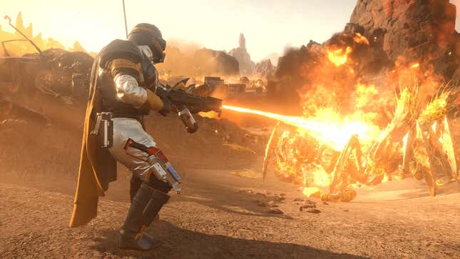 A screenshot of a Helldivers 2 player wielding a flamethrower against a Terminid.