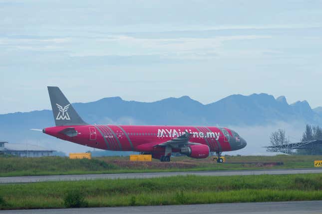 An Airbus A320-200 plane operate by Malaysian budget carrier MYAirline taxing at Miri airport in Kuching, Malaysia, on March 26, 2023. Malaysian budget carrier MyAirline abruptly suspended operations Thursday, citing financial pressures less than 11 months after it took to the skies. The unexpected announcement on social media caught many by surprise and left angry passengers stranded at the airport.(AP Photo/Vincent Thian)