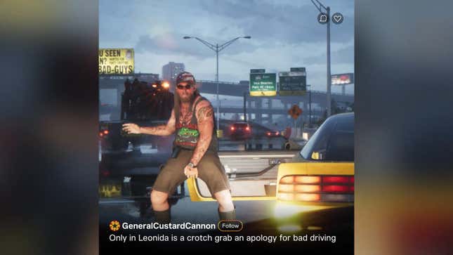 A screenshot of the Grand Theft Auto 6 trailer shows an NPC grabbing his crotch with billboards in the background.