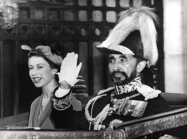 Ethopian Emperor Haile Selassie ride in a carriage with a young Queen Elizabeth II in London, 1963.