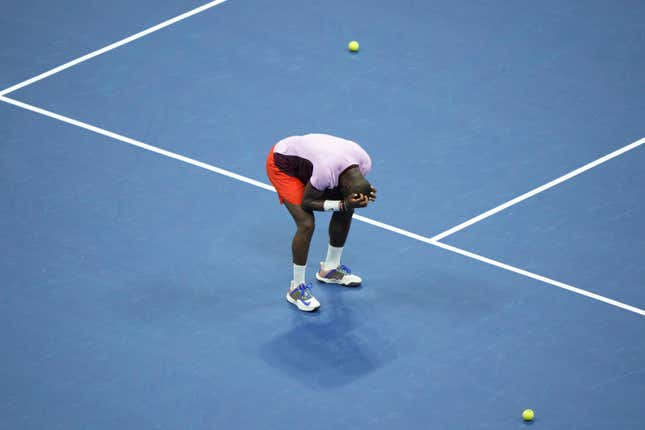 Frances Tiafoe reacts to winning a men’s singles match at the 2022 US Open, Monday, Sep. 5, 2022 in Flushing, NY.