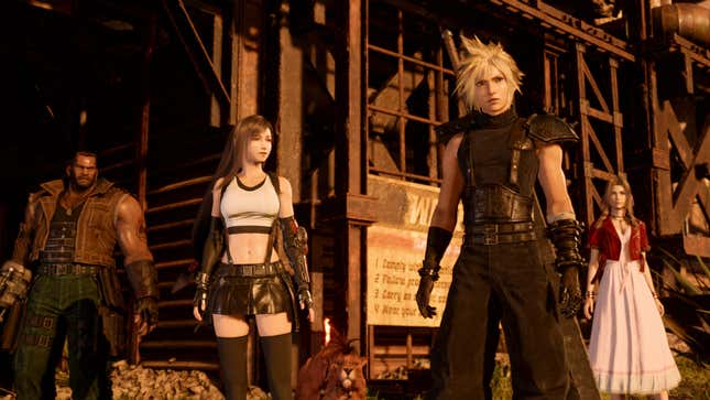 Barret, Tifa, Cloud, and Aerith stand outside of a mine.