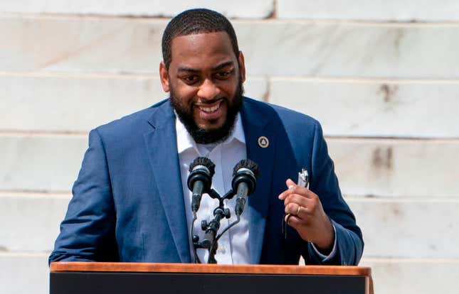 Kentucky state Rep. Charles Booker speaks during the “Commitment March: Get Your Knee Off Our Necks” protest against racism and police brutality, on August 28, 2020, in Washington, DC. 