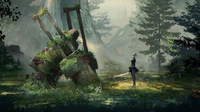 The character of 2B from Nier: Automata stands regarding an old machine now covered in greenery.