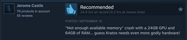 A screenshot of a Steam review reading, "Not enough available memory' crash with a 24GB GPU and 64 GB of RAM... guess Kratos needs even more godly hardware!"