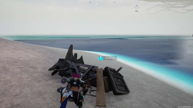 The player character searches through a pile of scrap on a beach.