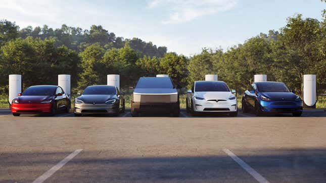 Una representación de cinco automóviles Tesla cargándose en Superchargers. 