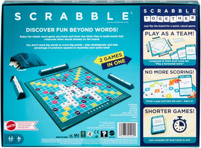 This photo provided by Mattel shows the new version of the board game Scrabble, that includes a new version called Scrabble Together. Mattel has unveiled a double-sided board that features both the classic word-building game and Scrabble Together, a new rendition aimed at making Scrabble more accessible “for anyone who finds word games intimidating.&quot; (Mattel via AP)