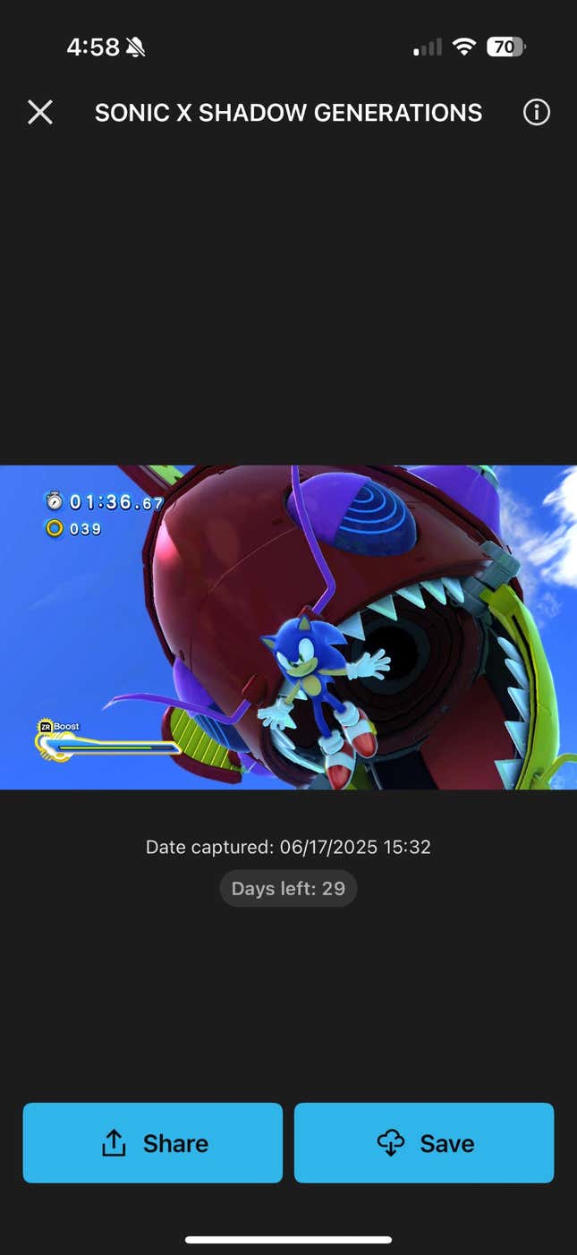 A screenshot of a Sonic game is seen on the Nintendo app.